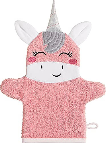 Erwin Müller Kinder Waschhandschuh Einhorn rosa-Einhorn Frottier - kuschelweich, saugstark, mit Aufhänger, Horn- & Ohren in 3D-Optik - Größe 15x28 cm