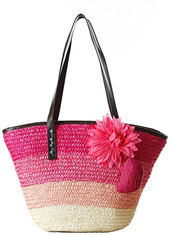 Hixingo Paille Tissé Sac À la Main, Sac de plage d'été en Paille Décontracté pour Femmes en Creux avec Bandoulière Tissée Sac Bandoulière Mode Sac Bandoulière Boho (45x30x27cm,rouge)
