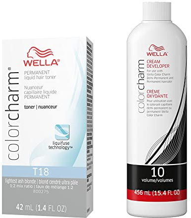 WELLA colorcharm Hair Toner, Neutralize Brass With Liquifuse Technology, T18 Lightest Ash Blonde + 10 Vol. Developer