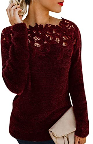 ORANDESIGNE Pull Femme Hiver Chaud Chic Et Élégant Pullover Dentelle Sweat en Polaire Pull Epaule Denudee Haut Manche Longue Chandail Jumper Sweater Bordeaux XL