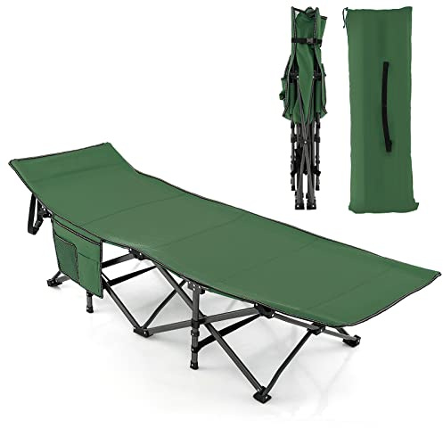 COSTWAY Lit de Camp Pliable 1 Personne, Lit Camping Pliable 185 x 67 x 54 cm, Charge 272 kg, Appuie-tête, Tissu Oxford, Sac de Transport, Poche Latérale, Lit Pliant pour Camping Voyage Bureau (Vert)