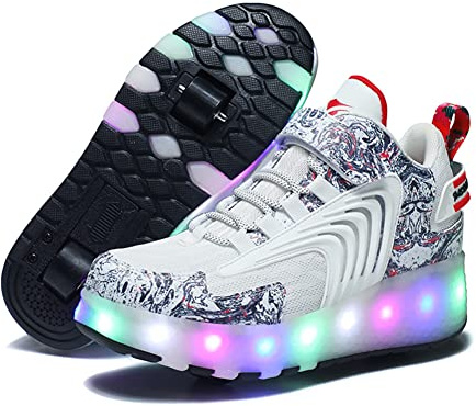 Skridskor för barn med LED-belysning LED-lampor, USB-uppladdningsbara dubbla hjul sportskor bästa presenterna till födelsedagsfesten Thanksgiving Påsk karneval, Vita, 37 EU
