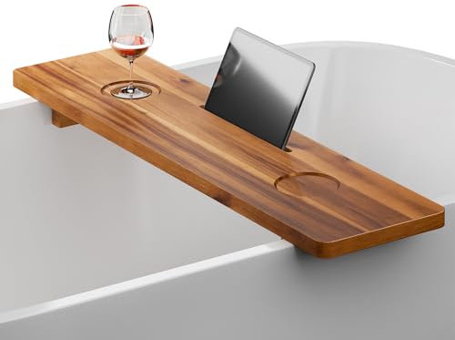 Tinamo Akazien-Badewannen-Caddy Tablett Tisch | 89,9 x 22,9 cm großes Badewannen-Tablett aus Holz | Kippsicheres, nachhaltiges Badewannen-Tablett für Badewanne | Badewannenzubehörhalter für Badewanne