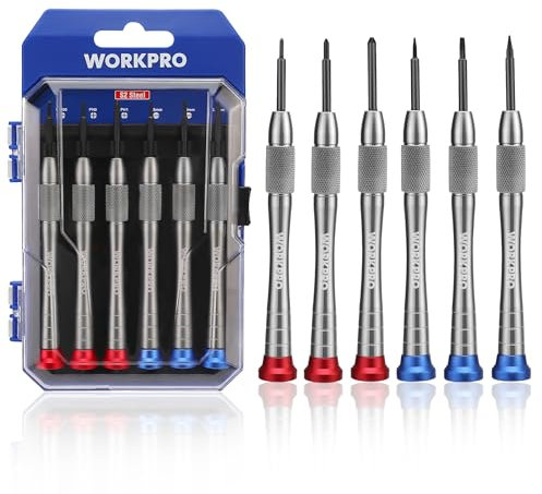 WORKPRO 6-Piezas Juego de Destornilladores de Precisión con Punta Magnética, Cuerpo de Aleación de Aluminio, con Estuche para Colgar, para Reparar Gafas, Relojes, Bricolaje y Reparación de precisión