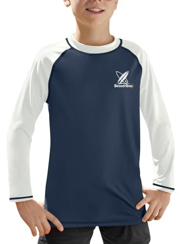 BesserBay Jungen Lange Ärmel UV Shirt UPF 50+ Schnelltrocknend Sonnenschutz Rashguard Navy blau Weiß 130