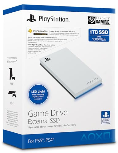 Seagate Game Drive for PS5 External SSD 1TB, Solid State Drive, USB 3.2 Officially Licensed White with Blue LED lighting, Data Rescue Services (STMH1000100)