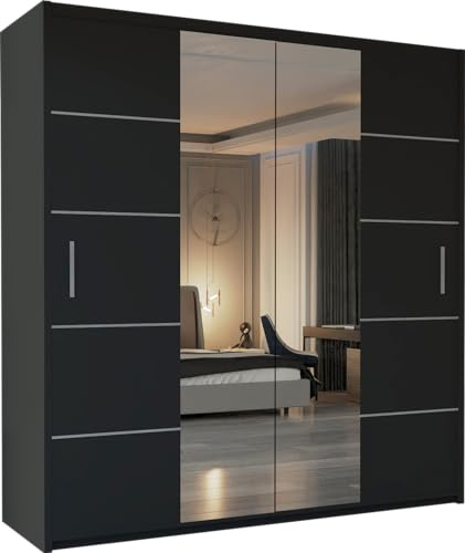MN Furniture Sliding Wardrobe with Full Mirror Doors, Shelves & Hanging Rails, Space Saving Bedroom Storage, White Black Grey Oak (Black, 203cm)
