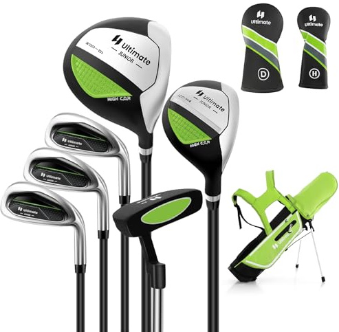 COSTWAY 6-delat set med golfklubbor för barn, högerhänta golfklubbor med golfväska och regnhuva, komplett golfset inkl. 7/9/S järn, 1 driver, 4 hybrid och putter för 11–13 år barn (grön)