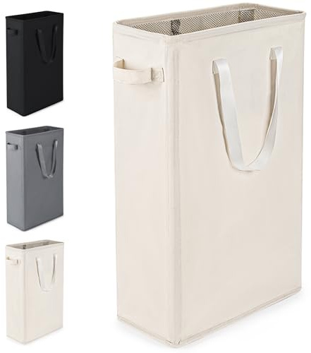 Virklyee Cesto per Biancheria Stretto Sottile,Cesto della Biancheria con Manici,Portabiancheria lavanderia,con copertura in rete con coulisse, Salvaspazio,39x19x61CM,45L (Beige)