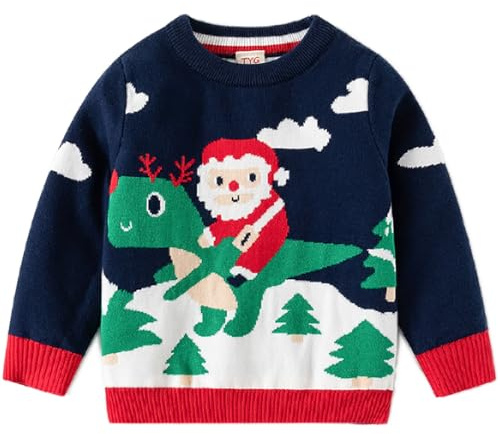 Fandecie Jersey Navideño Niño Niña,Cuello Redondo, Suéter de Punto con Reno Puro, Papá Noel Algodón 2-7 Años