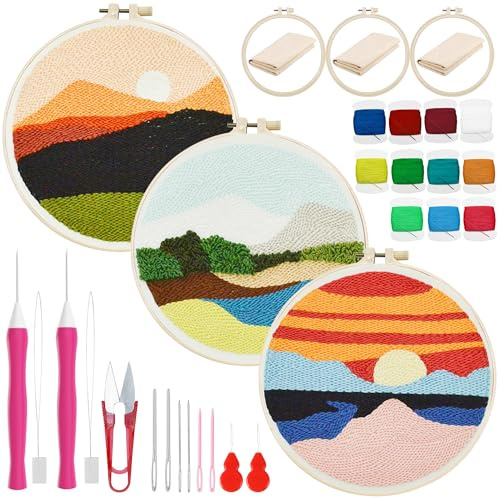 Woohome Punch Needle Kit, broderikit med nål, instruktion, broderiverktyg för nybörjare för vuxna nybörjare (sollandskap och blå himmel)