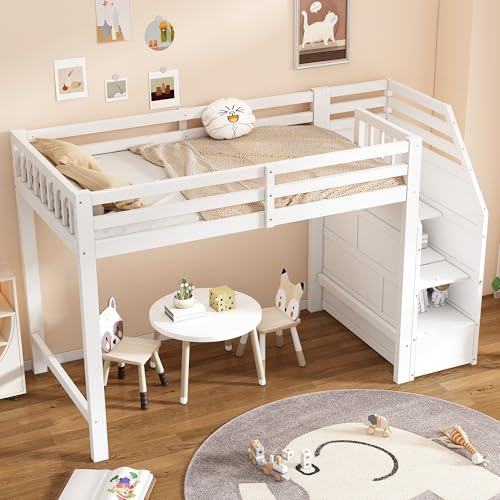 Wiuzo Cama Alta, 90x200cm, con somier de láminas (sin colchón), barandilla, escalones Plegables, Espacio Libre para vestirse según se desee, certificación EN747, Color Blanco.