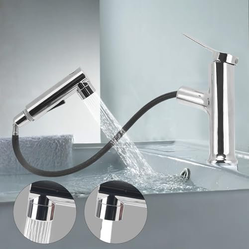 VirtuGro Grifo de Lavabo con Ducha Extraíble de 3 Modos Grifo Fregadero Extensible con Aireador Grifo Lavabo Acero Inoxidable Grifo Monomando Lavabo Mezclador Frío y Caliente Gris/Nero (Plata)