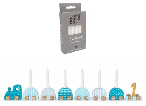 JABaDaBaDo Birthday Train 7 Carriages with Cute Motifs Candle Holder, Includes 12 White Candles, Includes Numbers 0-9, Colourful, Great Festive Detail for Birthday Party, Complete Set, Blue