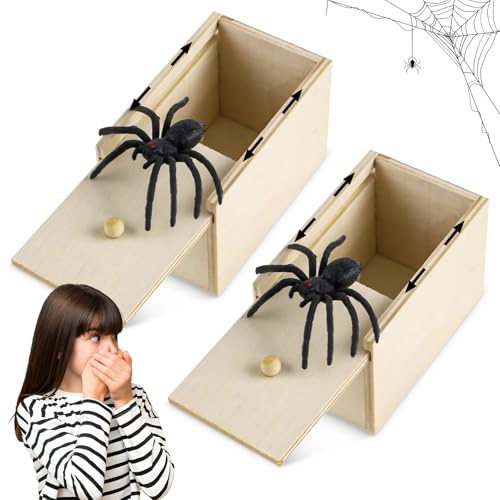 TISMHGKU 2 PCS Caja Araña Broma,Spider Prank Box,Caja con Araña Broma,Caja Broma Araña,Madera Araña Broma de la Araña de Caja, Articulos de Broma para Halloween Christmas Fools' Day Fiesta Regalos