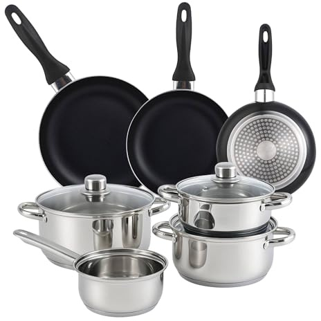 Bistro Series Set de Batería de cocina de 7pc en acero inoxidable + 3 Sartenes Ø16Ø20Ø24cm Negro en aluminio prensado