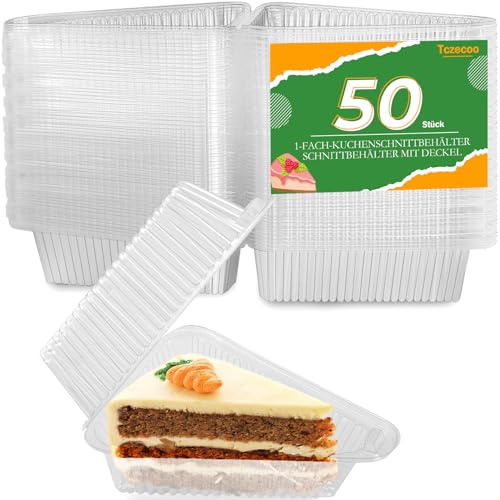 Tczecoo 50 unidades de recipientes para tartas, 13 x 7 cm, caja para tartas de queso, caja de rodajas de pastel con tapa plegable, cajas transparentes individuales para tartas sándwiches y ensaladas