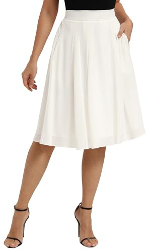 Belle Poque Midi Skirts for Women UK High Waisted A-Line Pleated Skirt Flowy Casua with Pockets White M