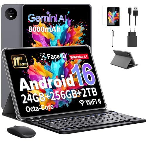 Tablet 11 Pulgadas en Gemini AI, Tableta Android 16 en Funda, Teclado & Ratón, Octa-Core, 24 GB RAM + 256 GB ROM + 2 TB TF, 1920x1200 Pantalla HD, 90 Hz, Cámara Doble 8MP + 13MP, 8000 mAh (Gris)