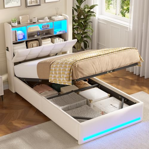AOGLLATI Single Ottoman Bed with Hydraulic Storage & Charging Station | 3ft Upholstered Storage Bed with Upholstered Platform Bed frame with Storage Headboard & Led Lights(Beige, Single-90x190cm)