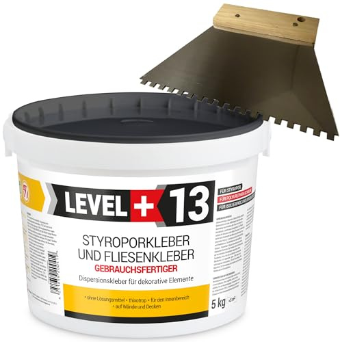 Level Plus 13 frigolitlim 5 kg tandspatel 4 mm, korklim, dispersionslim för dekorativa element och frigolit, monteringslim SET RM13