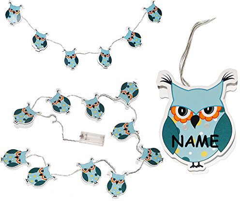 10 TLG. Lichterkette LED - lustige Eulen - Laterne mit Batterie - incl. Name - elektrisch kabellos INNEN - blau/türkis - batteriebetrieben Lampionkette ..