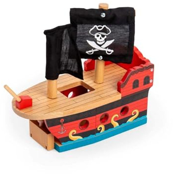 Bigjigs Rail Wooden Pirate Ship Galleon - Pirate Accessories for Wooden Train Sets , Bigjigs Train Accessories , Pirate Ship Toys for Kids , Wooden Toys for 3 4 5 Year Olds