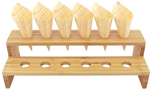 BambooMN 33 cm x 12 cm x 8,9 cm naturlig bambu rak matkondisplay på flera nivåer Tamaki-stativ för restauranger, cateringevenemang, fest eller bufféer, rymmer upp till 12 koner