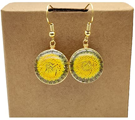 Girasol Luz solar Margarita Real Flor Presionada Chapado en Oro Aretes Gota y Colgantes Mujer Handmade