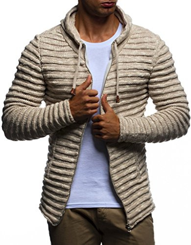 Leif Nelson Giacca Uomo in Maglia con Cappuccio Cardigan LN-20724 Beige XXX-Large