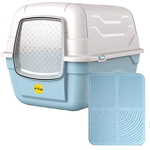 CAT CENTRE Blue Large Litter Tray Hooded Toilet Kittens Cats Charcoal Filter Flap Door Scoop Enclosed High-Sided Loo Box with Mat Bundle