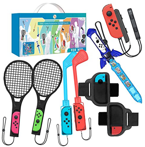 Für Nintendo Switch Accessories 9 in 1,Joy-Con Controller Gleitschiene 2 Pack + Just Dance 2020 2021 und Zumba Burn It Up 2 Pack + Mario Tennis Racket 2 Pack + Golf Club 2 Pack + Skyward Sword 1 Pack
