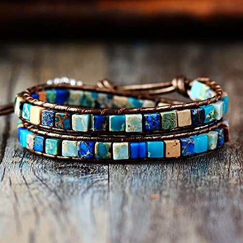 Bracciale Uomo Pietre,Pietra Naturale Mix Amazonite Jasper Bracciale In Cristallo Bohemia Etnico Doppio Strato Bracciale Avvolgente In Pelle Fatto A Mano Pietre Preziose Energetiche Perline Braccial