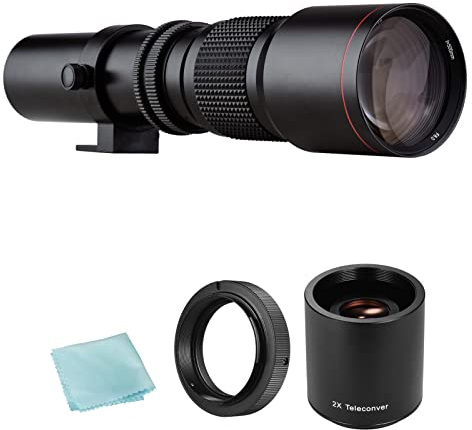Andoer Fotocamera Super teleobiettivo 500 mm F/8.0-32 Zoom manuale T-Mount + 2 obiettivi teleconvertitori da 500 mm + anello adattatore T2-AF di ricambio per telecamere a montaggio AF