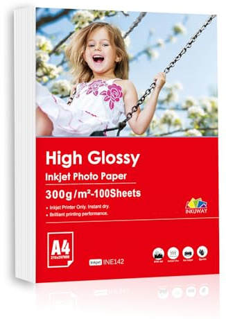 Inkuway A4 schweres, dickes Fotopapier, 300 g/m², Tintenstrahldrucker, 100 Blatt, glänzende Oberfläche zum Drucken von Fotos, Grußkarten, Postkarten
