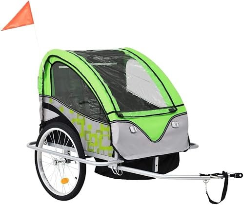 HACSYP Kinder-Fahrradanhänger, Radfahren im Freien, Fahrradzubehör, 2-in-1-Kinderfahrradanhänger und Kinderwagen, Grün und Grau