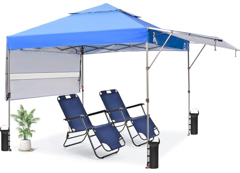 CROWN SHADES 10x10 Pop up Canopy Tent Patended Centerlock Instant Commercial Canopy with 150D Silver Coated Fabric Including 2 Extend Awnings, 4 Ropes, 8 Stakes, 4 Weight Bags, STO 'N Go Bag, Blue