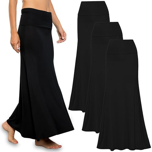Free to Live Women's 3 Pack Long Skirts for Women Fall Winter Flowy Maxi Skirts High Waist Fold Over Floor Ankle Length Jersey Knit, Black, XL