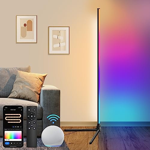 Fortand Lámpara de Pie LED, WiFi Lampara Pie Salon Moderna Lámpara de Pie Regulable RGB Luz de Esquina Funciona con Alexa, Google Home y App, Lampara Inteligente con Remoto para Sala de Estar, 155cm