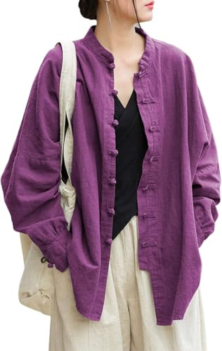 Lazutom Women's Cotton Linen Frog Button Mandarin Collar Top Chinese Martial Arts Kung Fu Tai Chi Shirt Tunic Purple