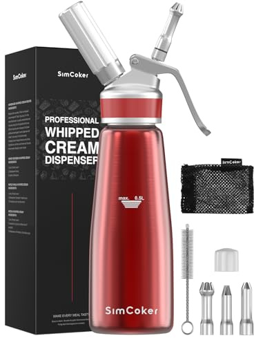 SimCoker Whipped Cream Dispenser,Aluminum Cream Whipper 500mL/1 Pint,3 Decorating Nozzles,1 Brush, 1 Storage Bag,Homemade Whipped Cream Maker,Red