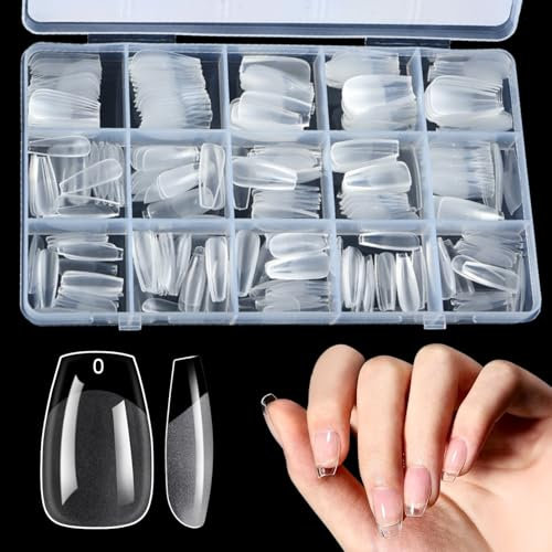 LUFFLOK 300 Pièces Capsules Americaine Ongles Court, 15 Tailles Transparentes Faux Ongles Gel Acrylique Souple, Couverture Complète pour Techniciens Ongles, Débutants et Salons de Manucure