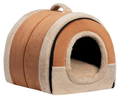 Hollypet Cat Bed Small Dog Bed, 2-in-1 Foldable Pet Beds | for Cats and Small Dogs, Crystal Velvet Cat Cave Indoor Outdoor, Orange Brown