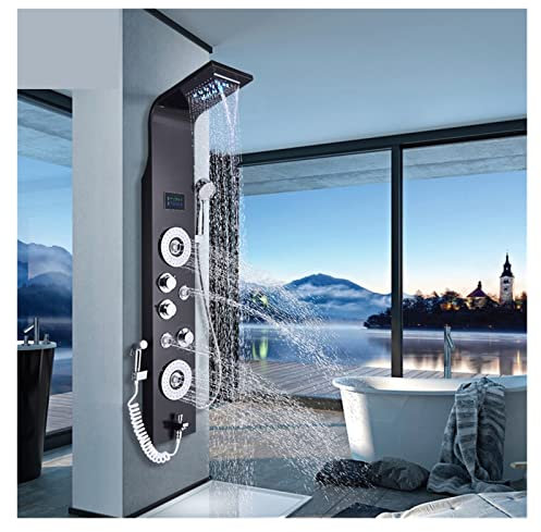 Ensemble de robinetterie de douche Panneau de douche à LED en nickel noir Six fonctions Colonne de douche Pluie Cascade Douche Massage Spa Jets Baignoire Douche avec bidet Robinets de bain(Blue 9006)