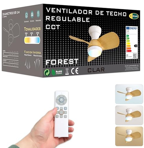 CLAR - Takfläkt i trä med LED-ljus, fläkt med fjärrkontroll, takfläkt för sovrum eller avkopplingsrum