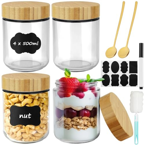 Ferenando 4 Piezas 500ml/16oz Tarros de Cristal con Tapa & 2 Cucharada, Overnight Oats Jar con Tapa de Rosca, Bote Cristal Hermetico para Yogur,Batido,Avena,Mermelada,Especias,Preparación de Comidas