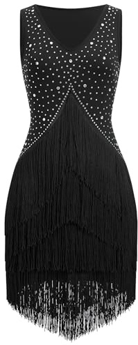 EFOGEP Womens Latin Dance Dress Flapper 1920s Gatsby Dresses Black L