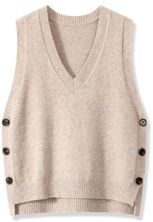 shownicer Pulls sans Manches Femme Décontracté Col V Gilet Tricot Couleur Unie Sweater Pullover avec Bouton A Abricot XL
