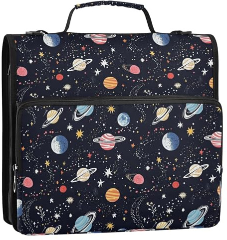Carpeta de 3 anillos con cremallera con correa para el hombro y asa, múltiples bolsillos, bolsa de almacenamiento de documentos, adecuada para el espacio de la escuela secundaria, cielo estrellado