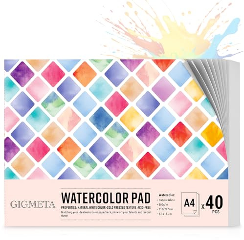 Gigmeta Carta per acquerello A4, 40 fogli 140 lb/300 g/m² Blocco per acquerello, adatta per studenti, principianti, artisti